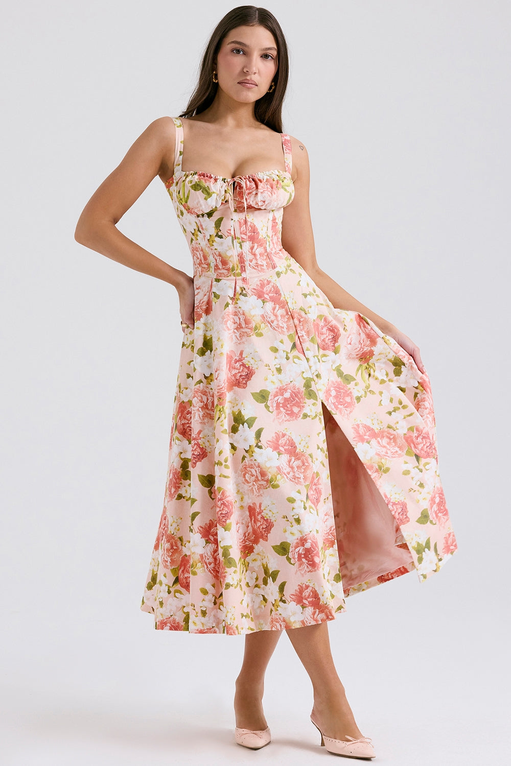 Carmen pink peony print cotton bustier sundress