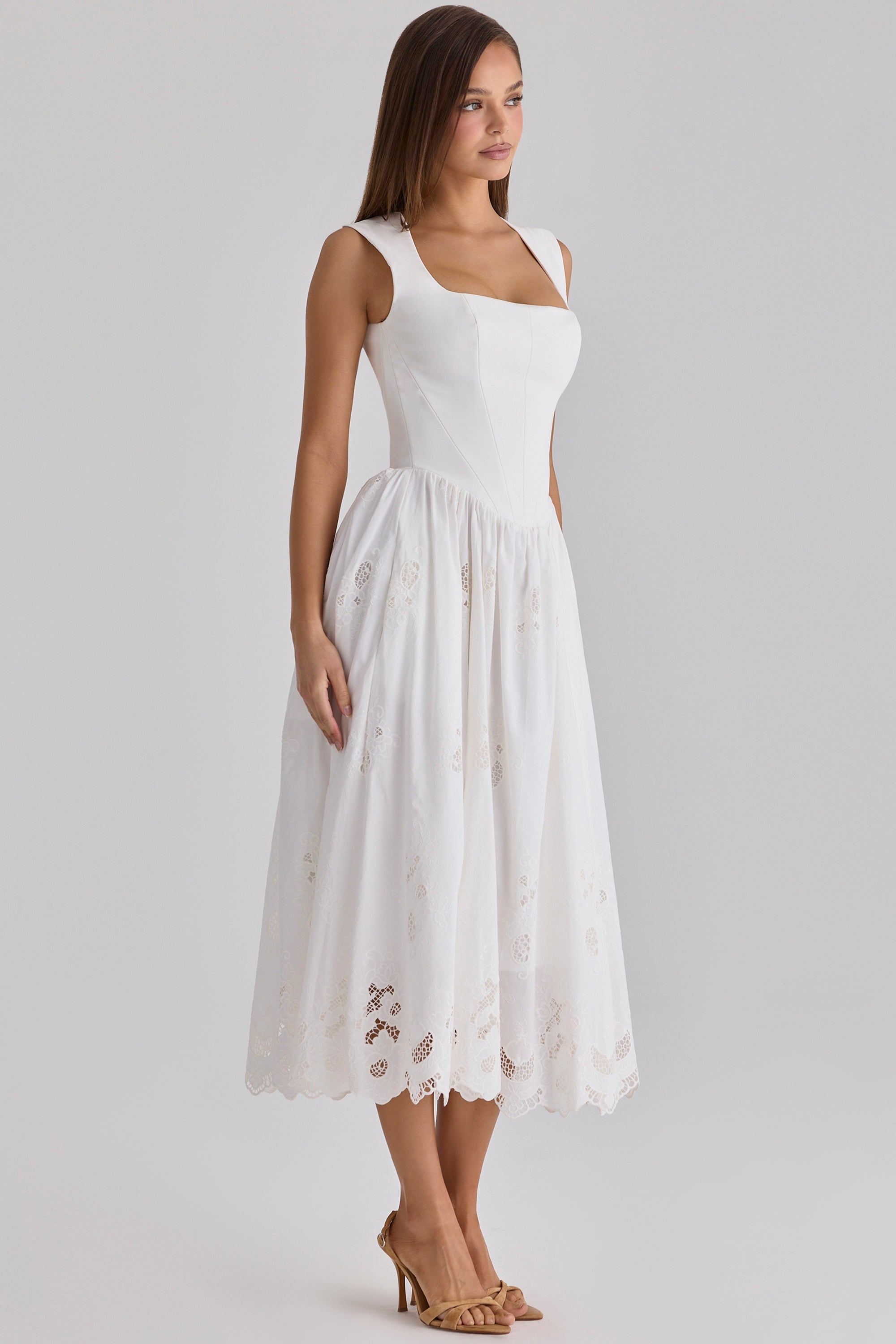 Safira White Floral Broderie Anglaise Cotton Midi Dress