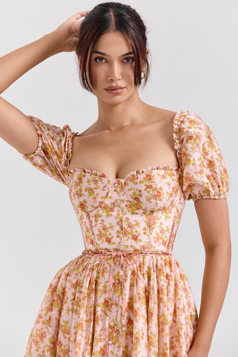 Penelope peach poppy print puff sleeve midi sundress