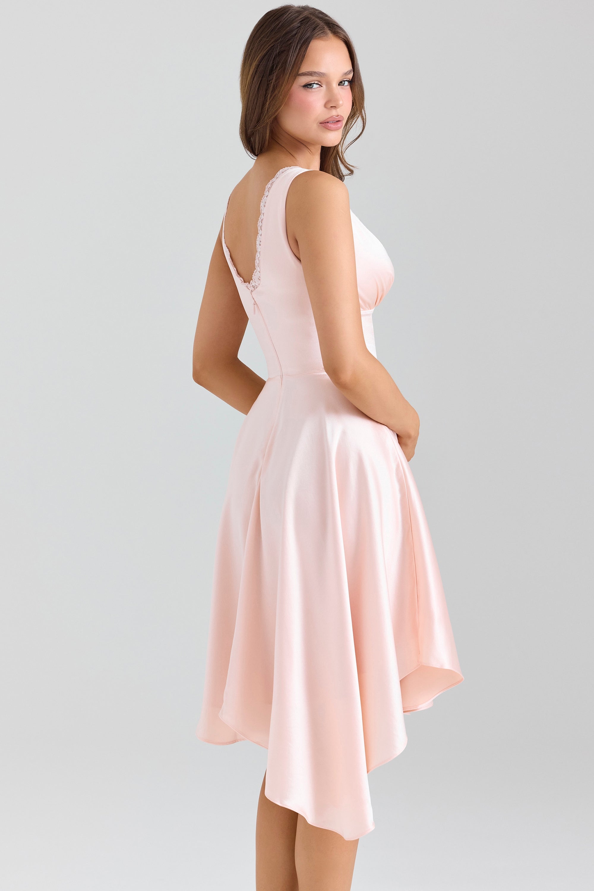 Sabella Pink Satin Asymmetric Handkerchief Hem Midi Dress
