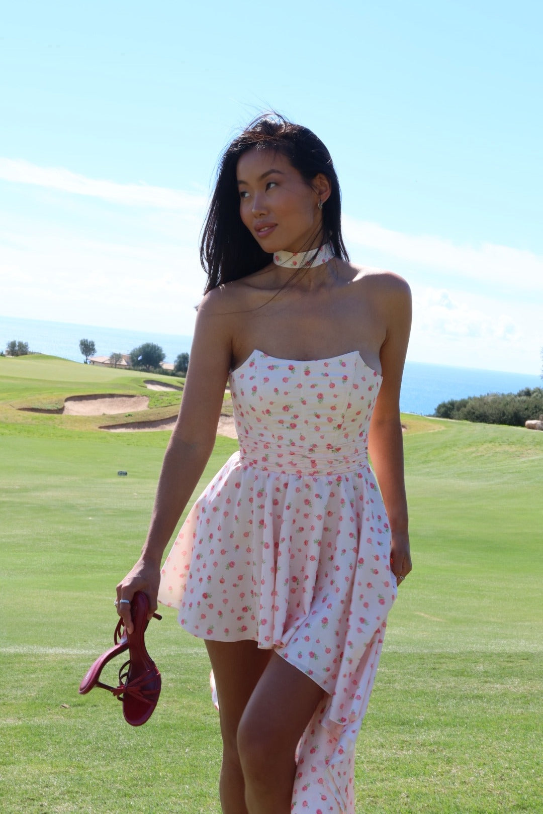 Pink Rose Ditsy Print Strapless High-Low Hem Dress