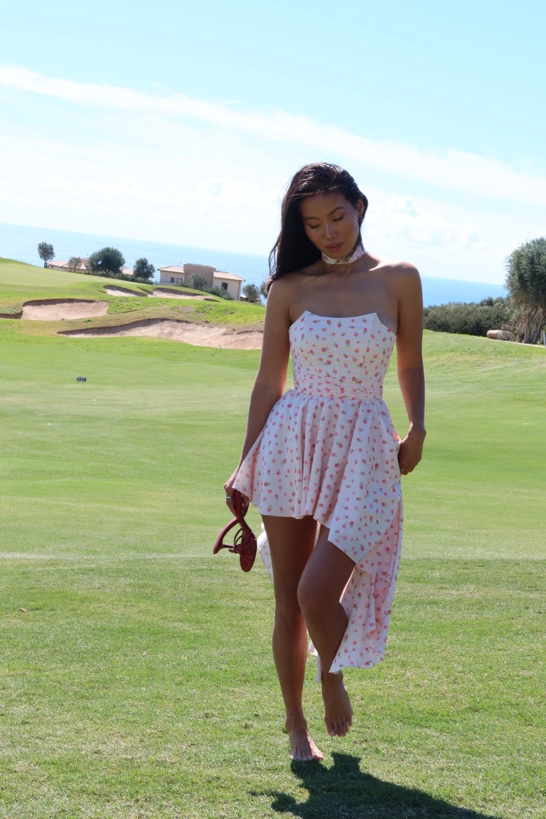 Pink Rose Ditsy Print Strapless High-Low Hem Dress