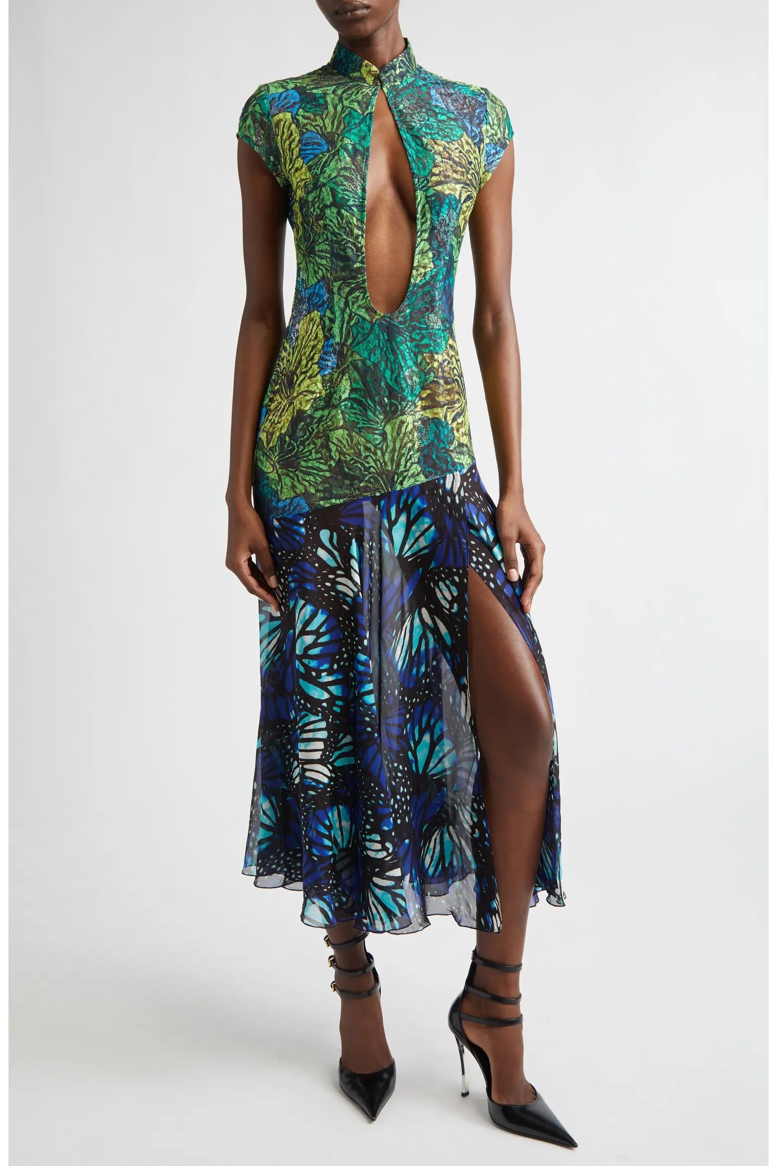 Butterfly Print Lace & Silk Chiffon Plunge Neck Dress