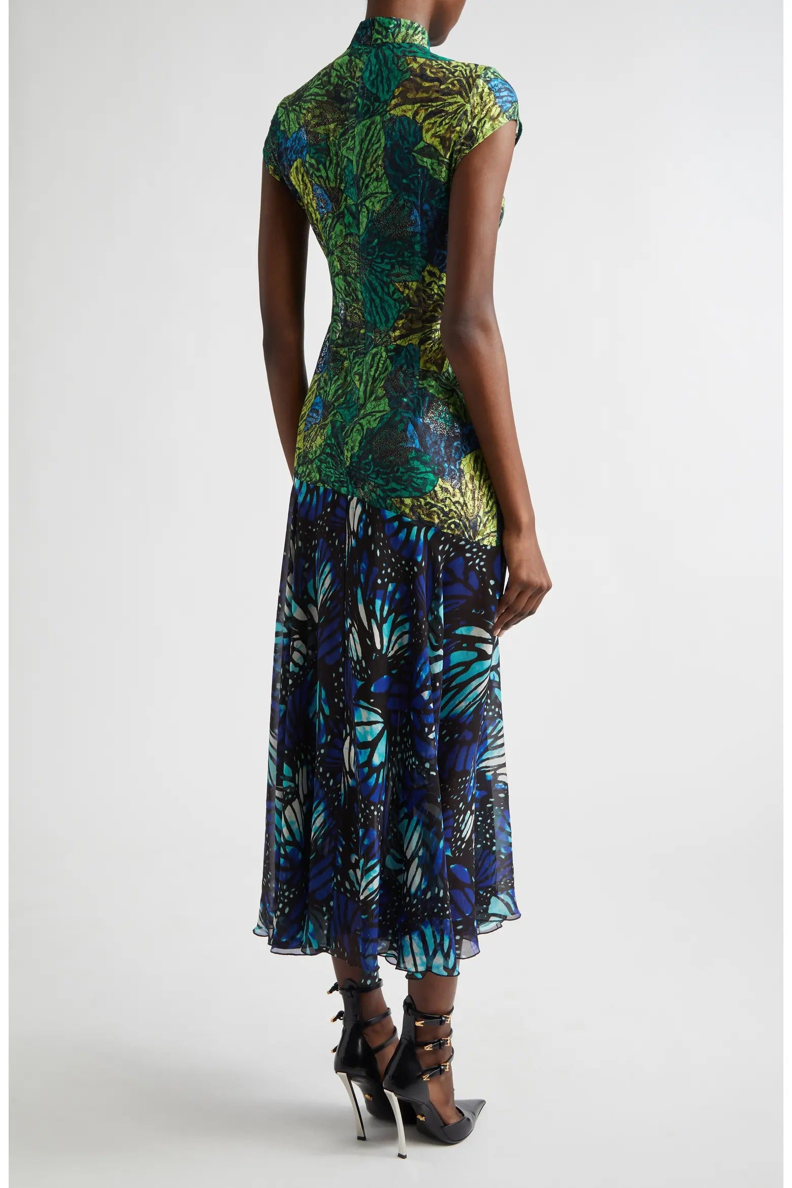 Butterfly Print Lace & Silk Chiffon Plunge Neck Dress