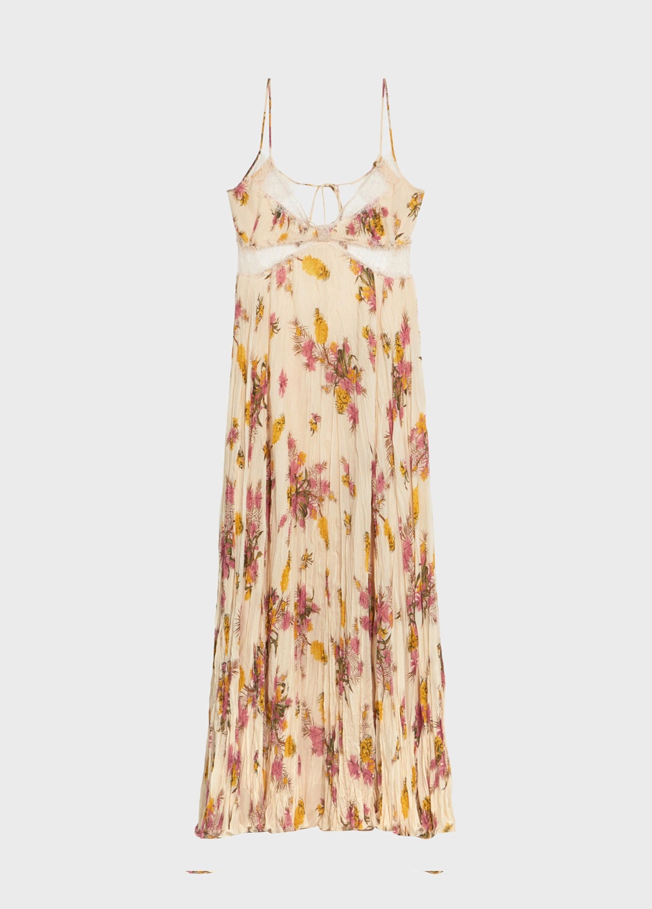 Long pleated georgette dress with print and lace