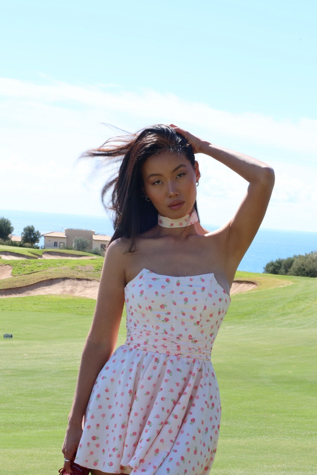 Pink Rose Ditsy Print Strapless High-Low Hem Dress