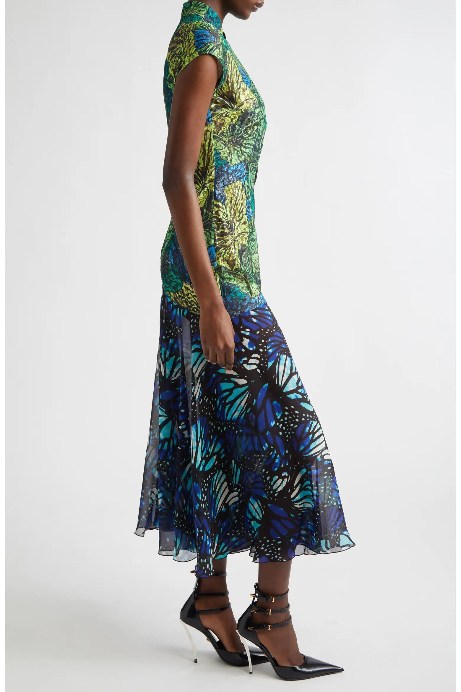 Butterfly Print Lace & Silk Chiffon Plunge Neck Dress