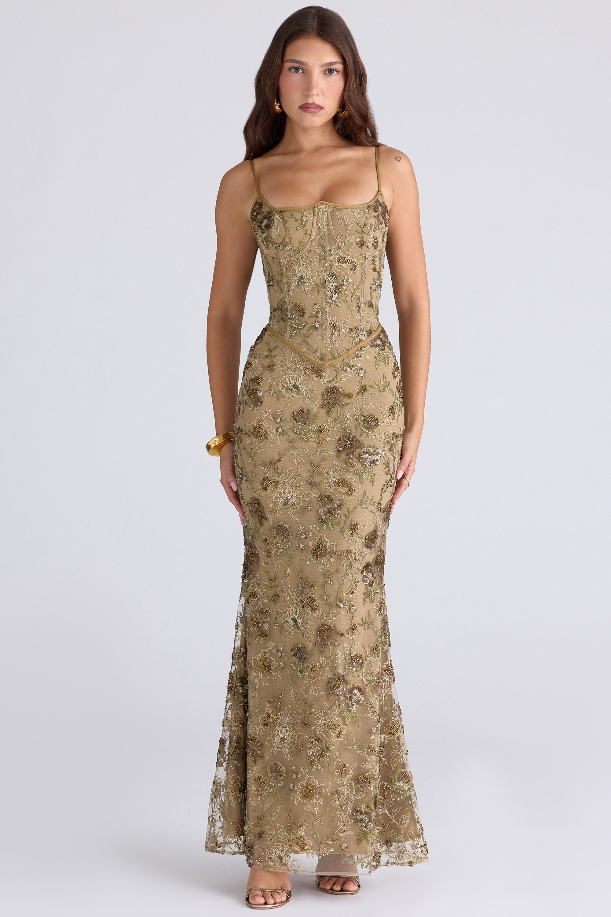 Naima olive bronze hand beaded embellished corset maxi dress - limited edition