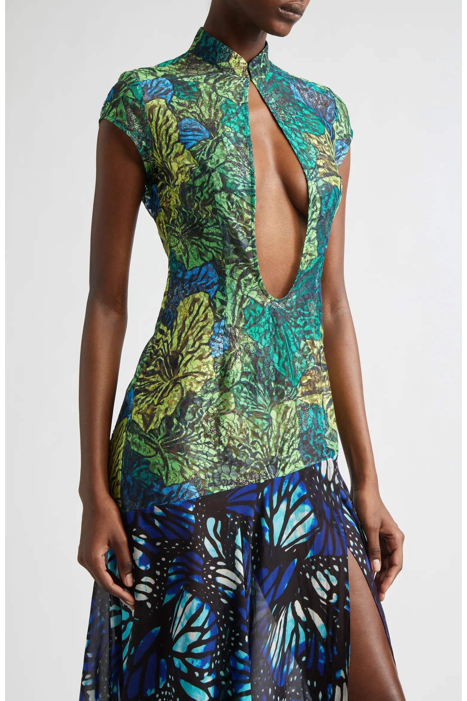 Butterfly Print Lace & Silk Chiffon Plunge Neck Dress