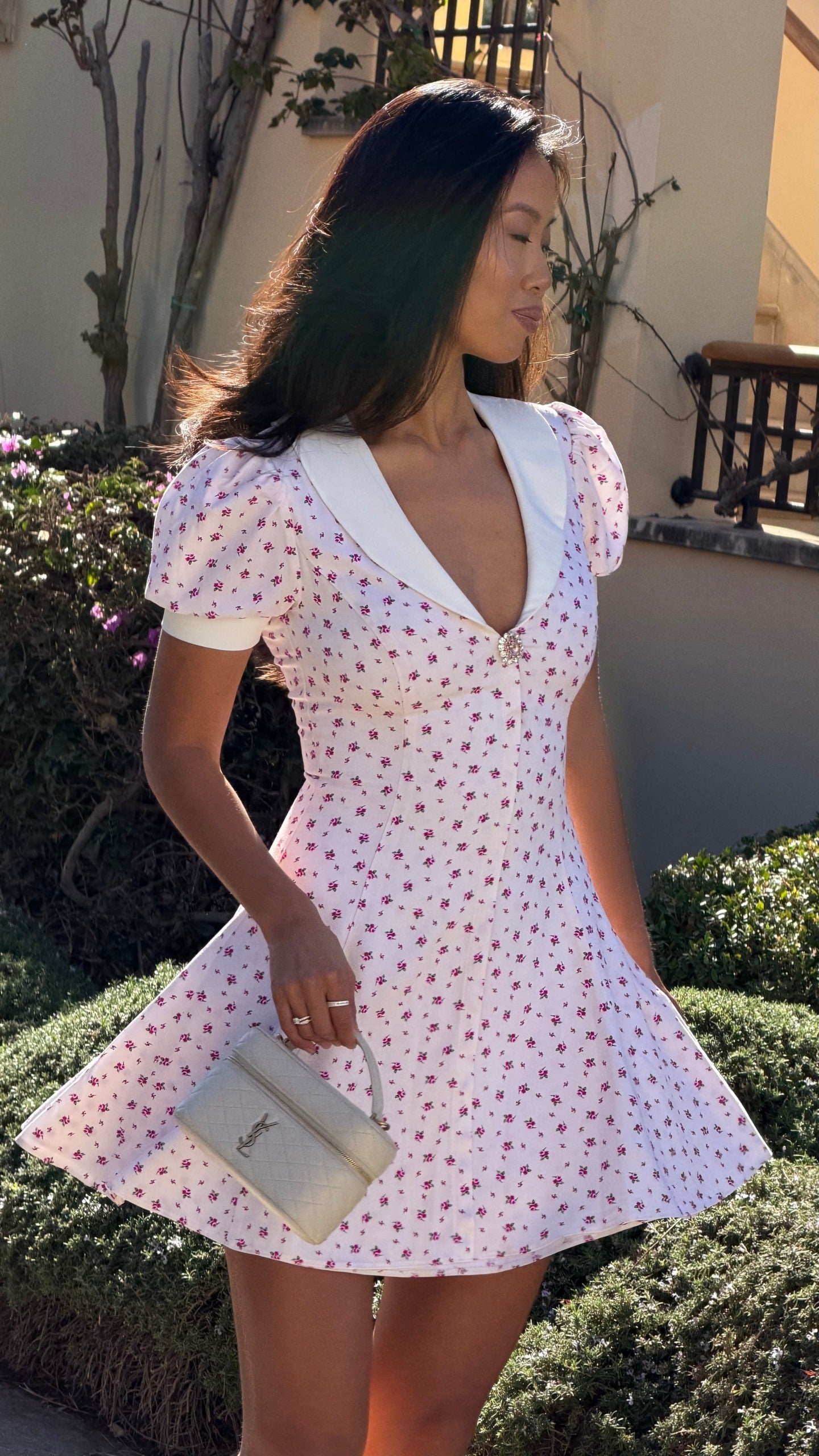 Pink Rose Ditsy Print White Collar Puff Sleeve Mini Dress