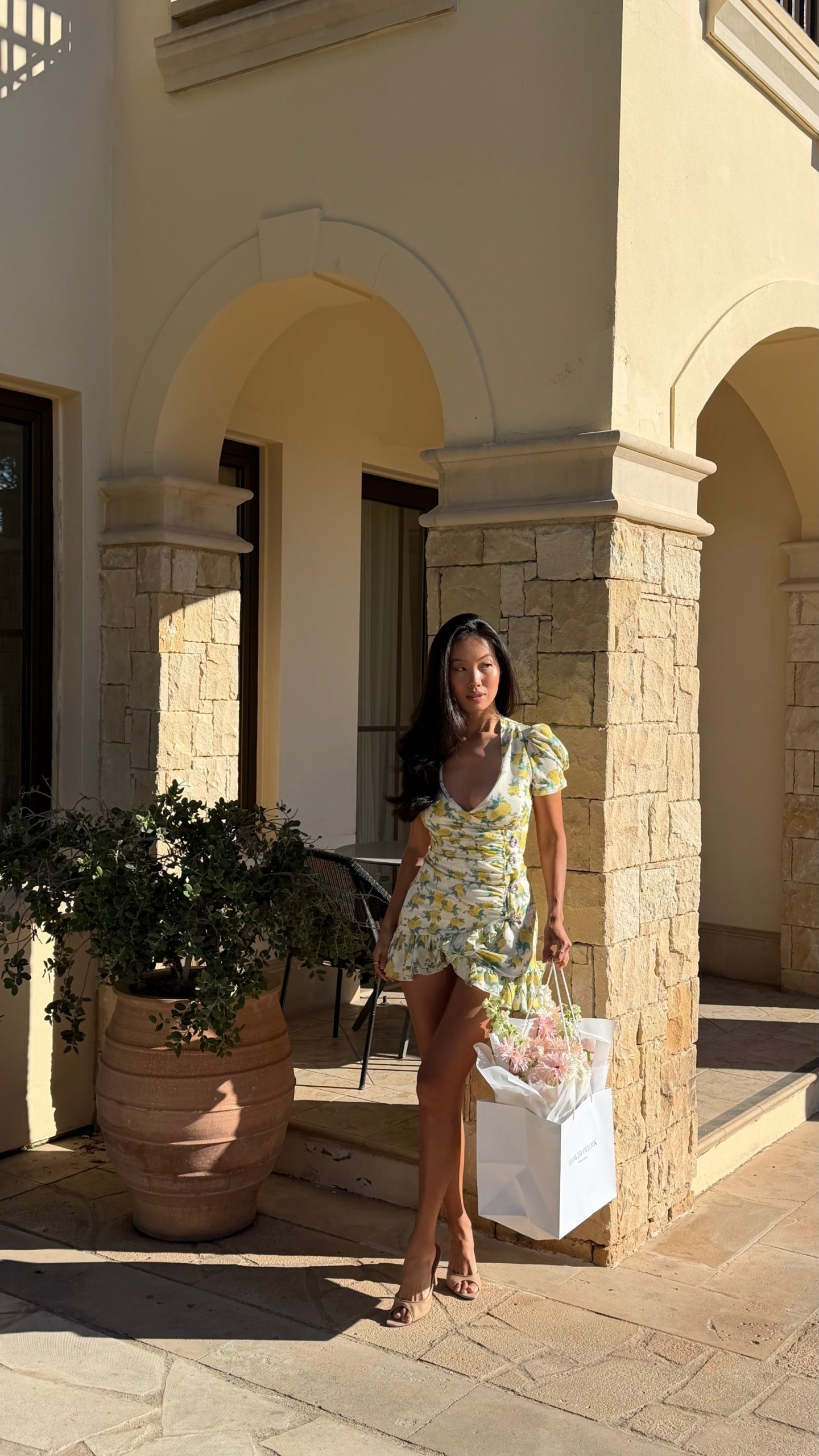 Yellow Rose Print Deep V Puff Sleeve Ruched Ruffle Hem Mini Dress