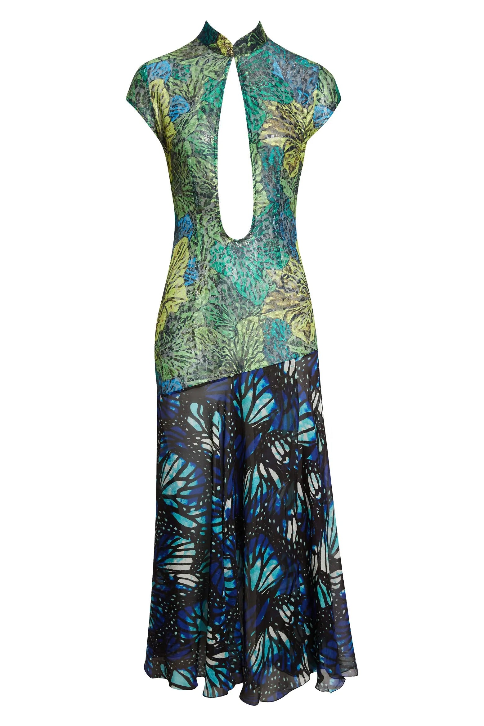 Butterfly Print Lace & Silk Chiffon Plunge Neck Dress
