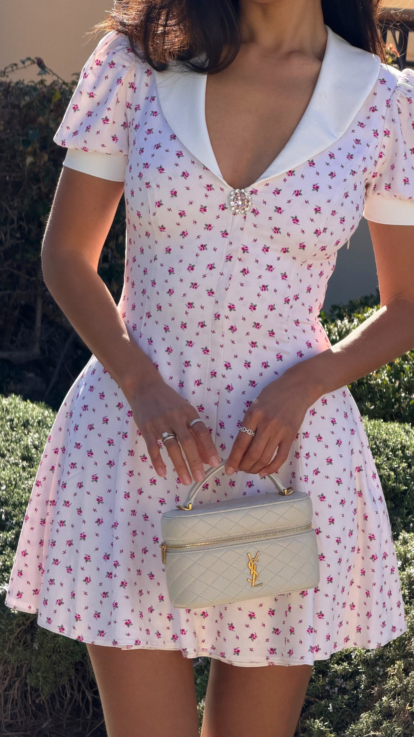 Pink Rose Ditsy Print White Collar Puff Sleeve Mini Dress