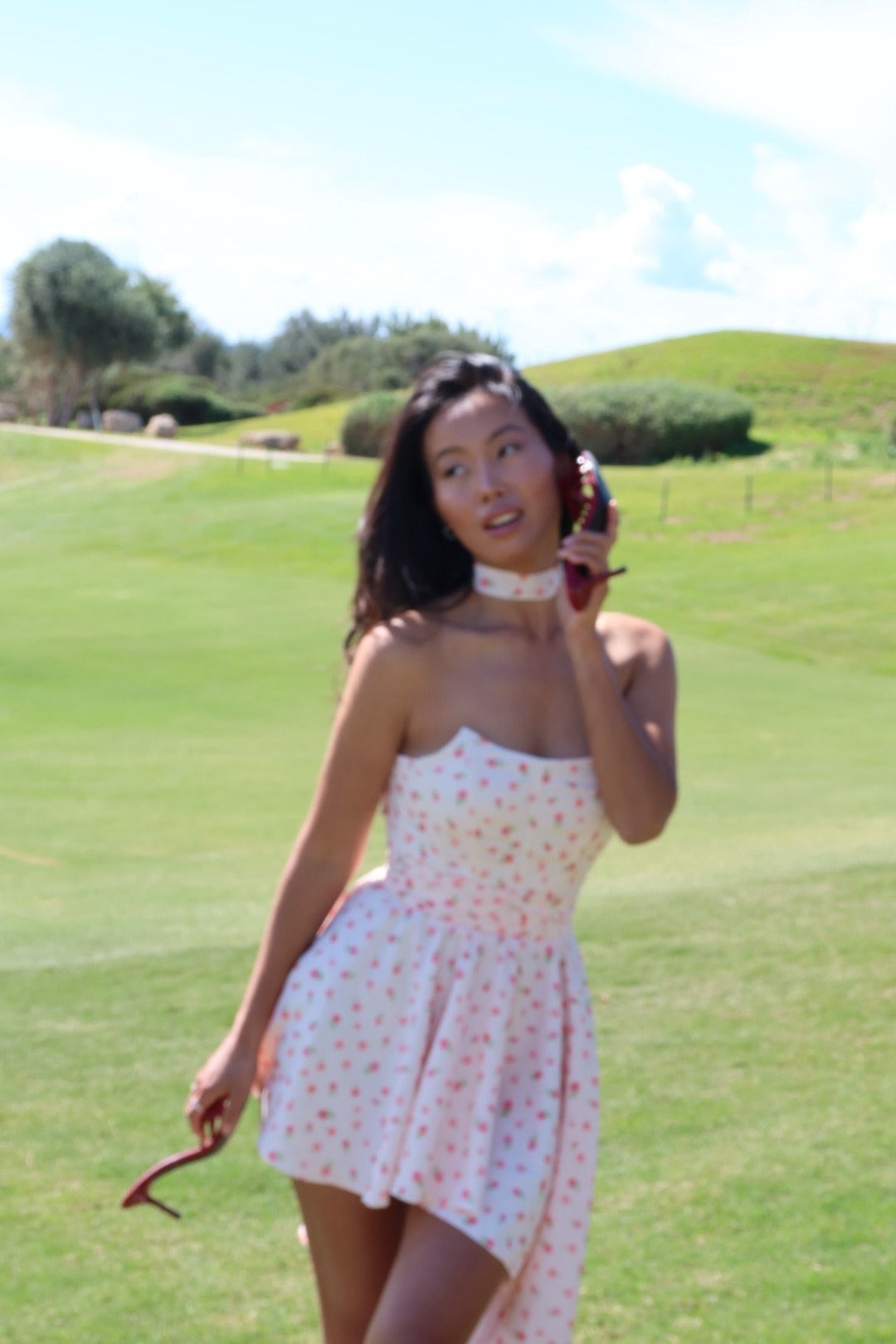 Pink Rose Ditsy Print Strapless High-Low Hem Dress