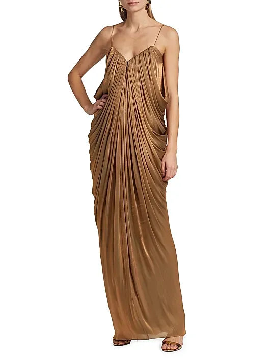 Halpern  Waterfall Draped Metallic Column Gown