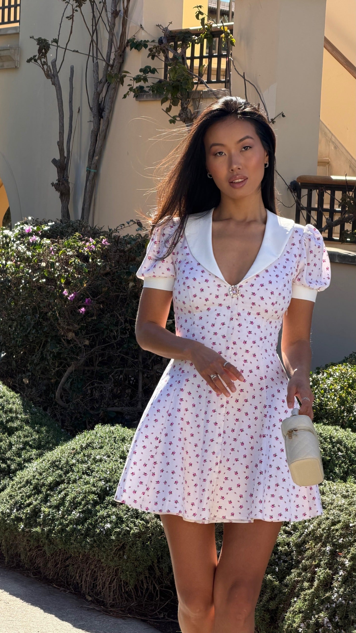Pink Rose Ditsy Print White Collar Puff Sleeve Mini Dress