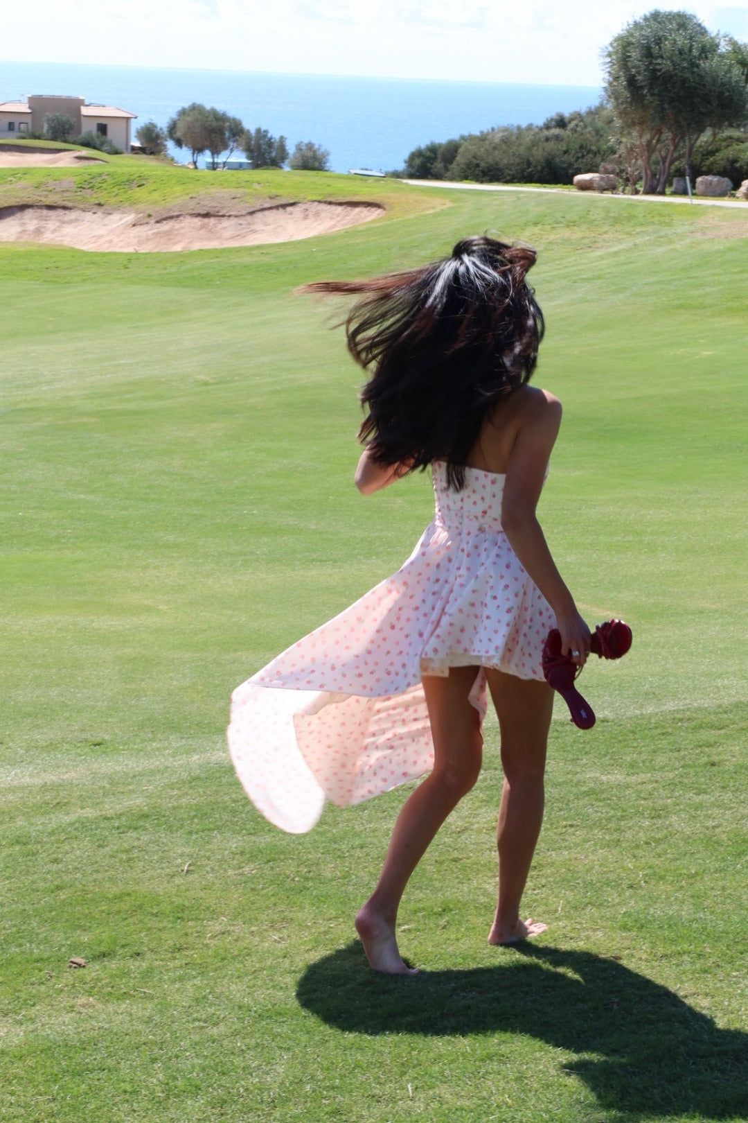 Pink Rose Ditsy Print Strapless High-Low Hem Dress