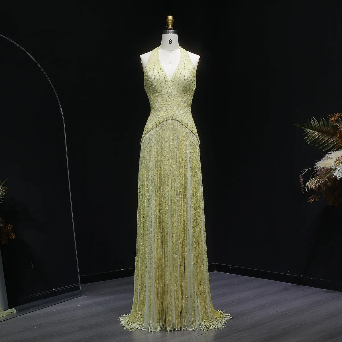 Gala Exquisite Yellow Beaded Halter Neck Deep V Evening Dress