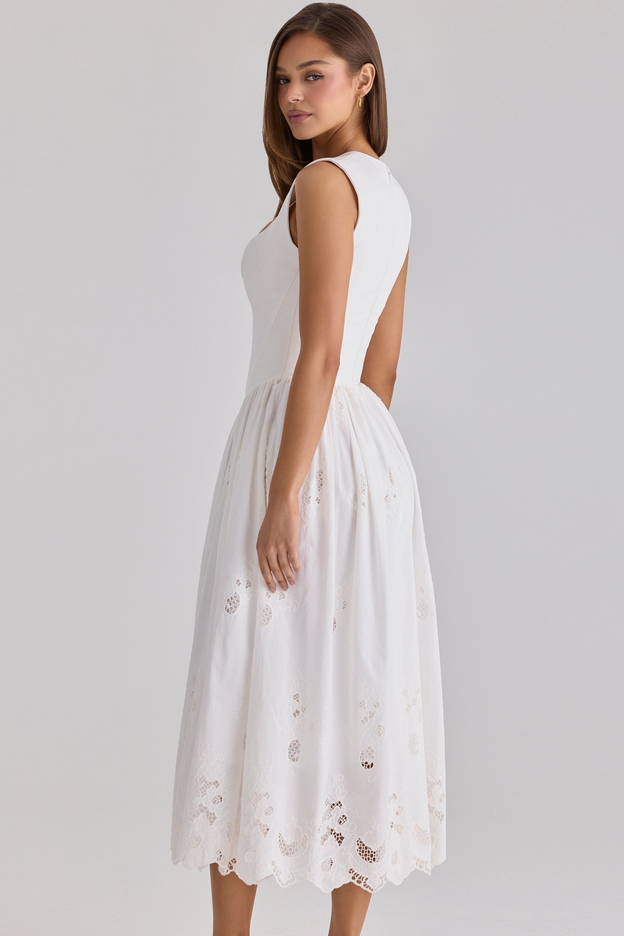 Safira White Floral Broderie Anglaise Cotton Midi Dress