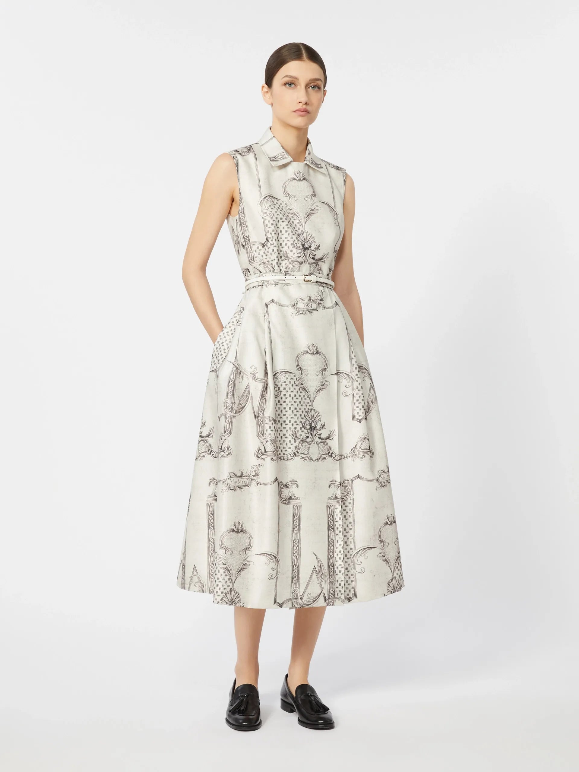 Printed Mikado shirt dress Ivory