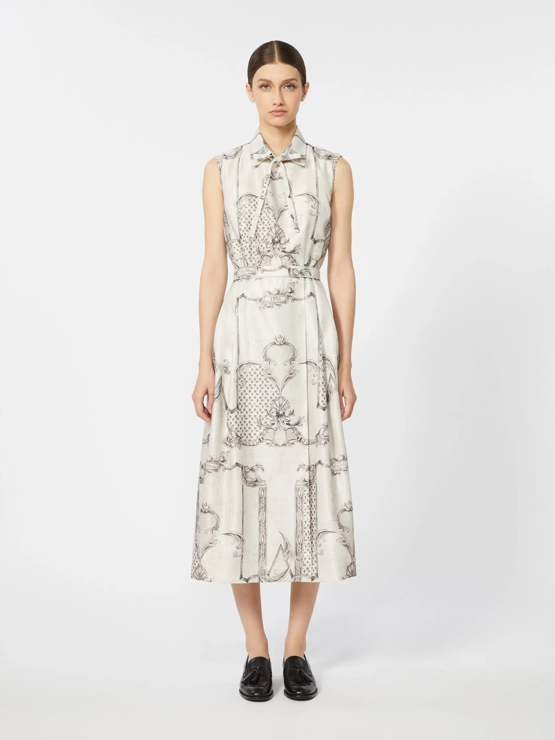 Printed Mikado shirt dress Ivory