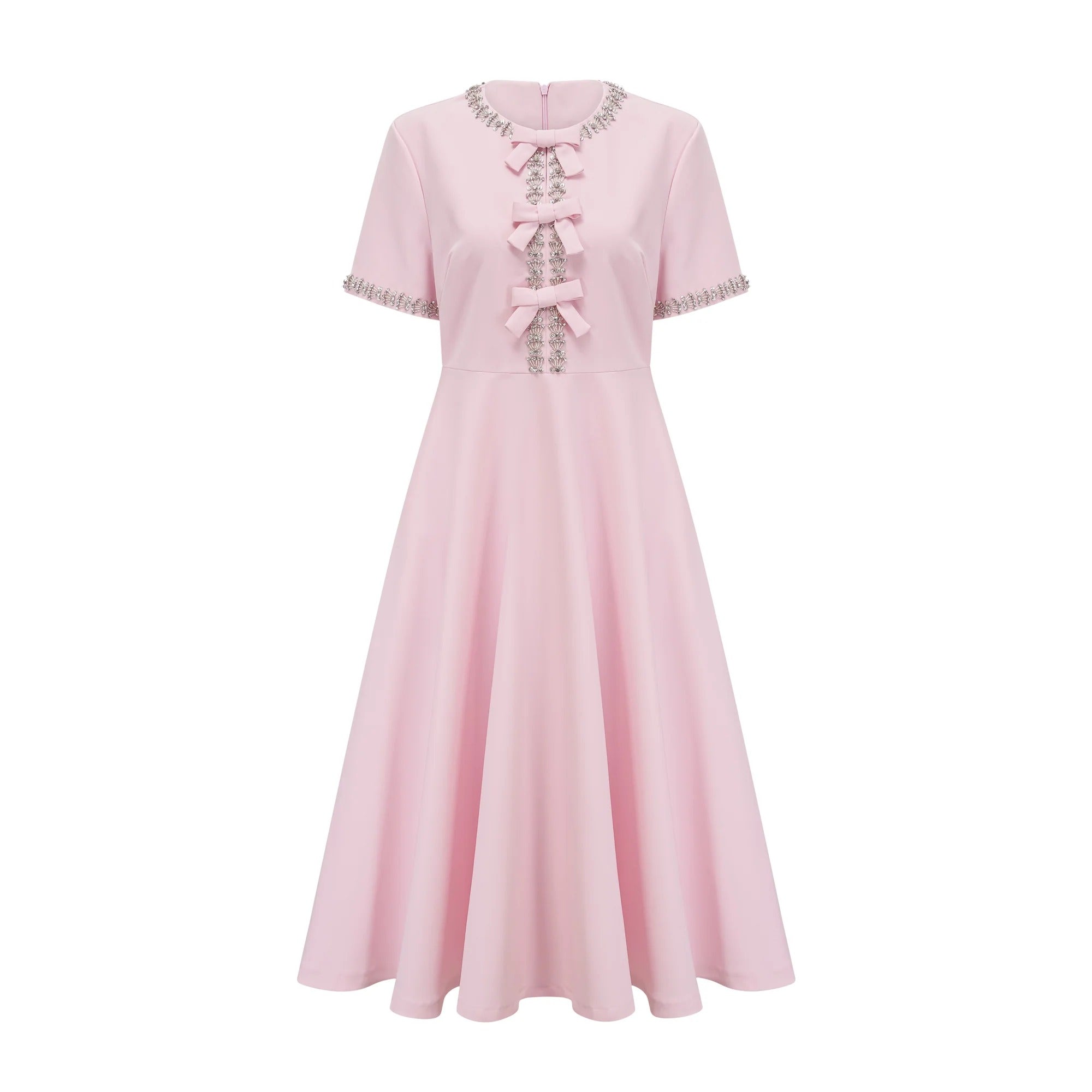 Cassiopeia Crystal-Accented Pink Bow Midi Dress