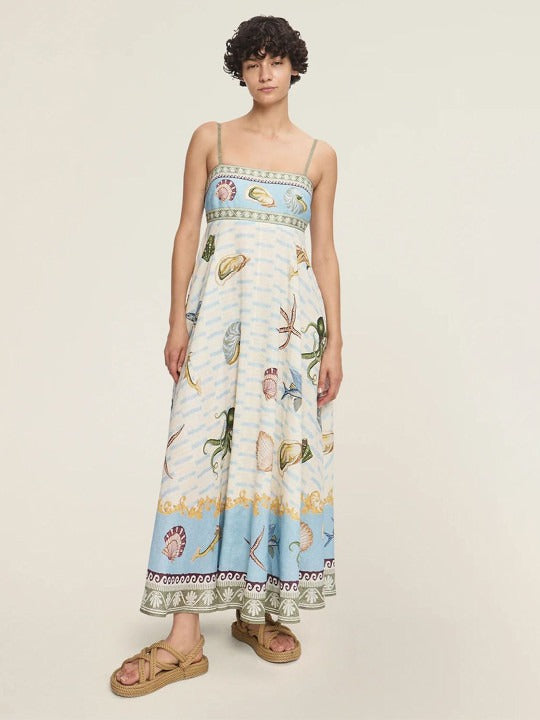 Conversational Printed Shoulder Straps Fit and Flare Maxi Dress