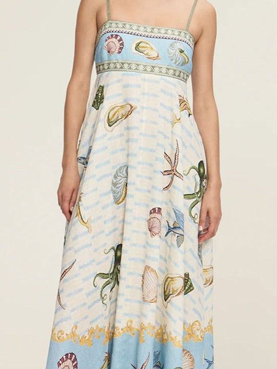 Conversational Printed Shoulder Straps Fit and Flare Maxi Dress