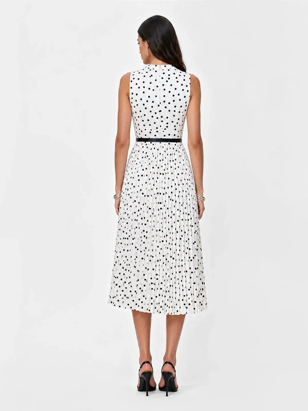 Scarf Neck Polka Dot Pleated Dress
