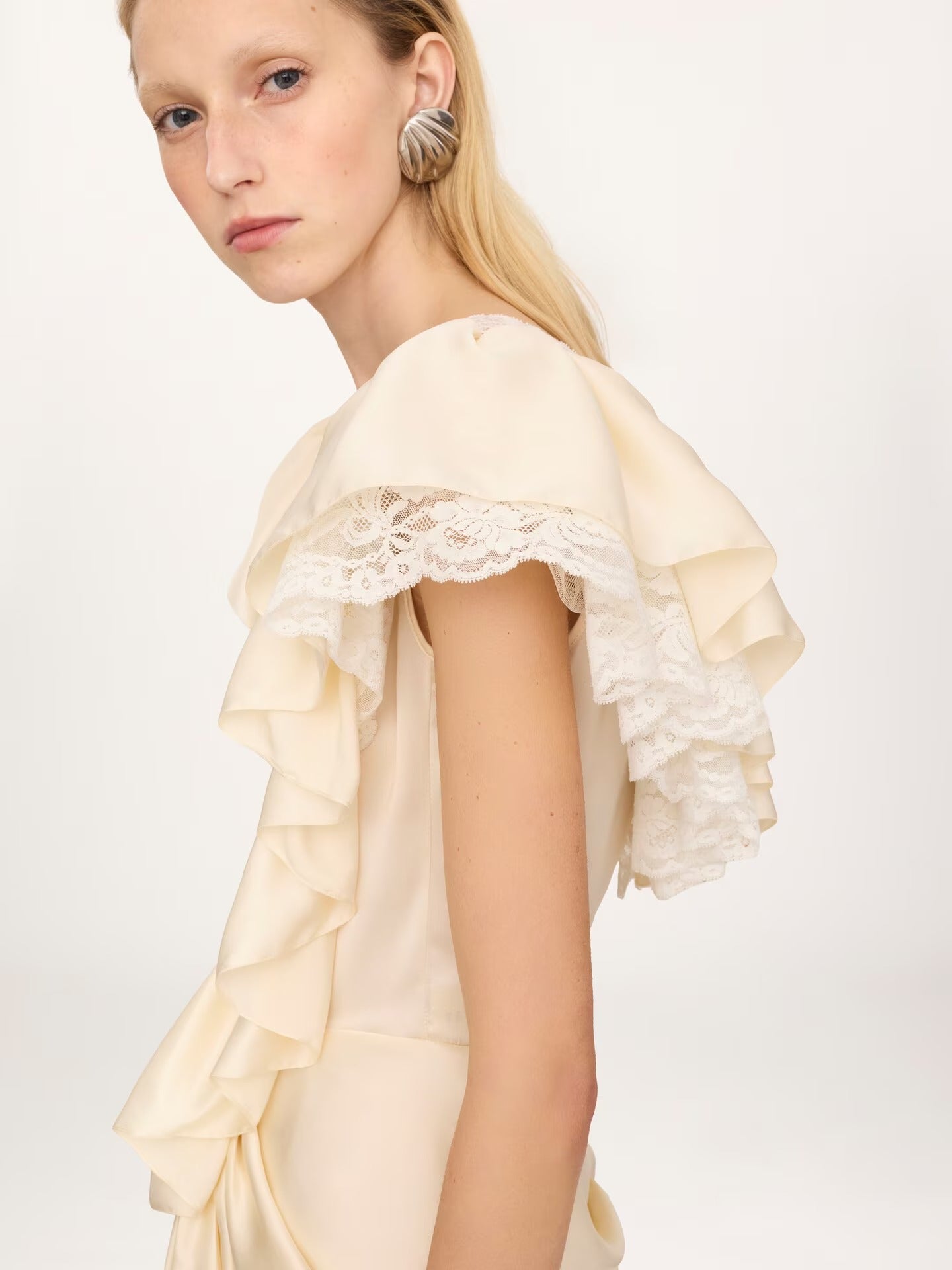 V-neck short jumpsuit in washed silk satin & lace