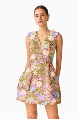 Fiora Tulip Mini Dress in Green & Pink Floral