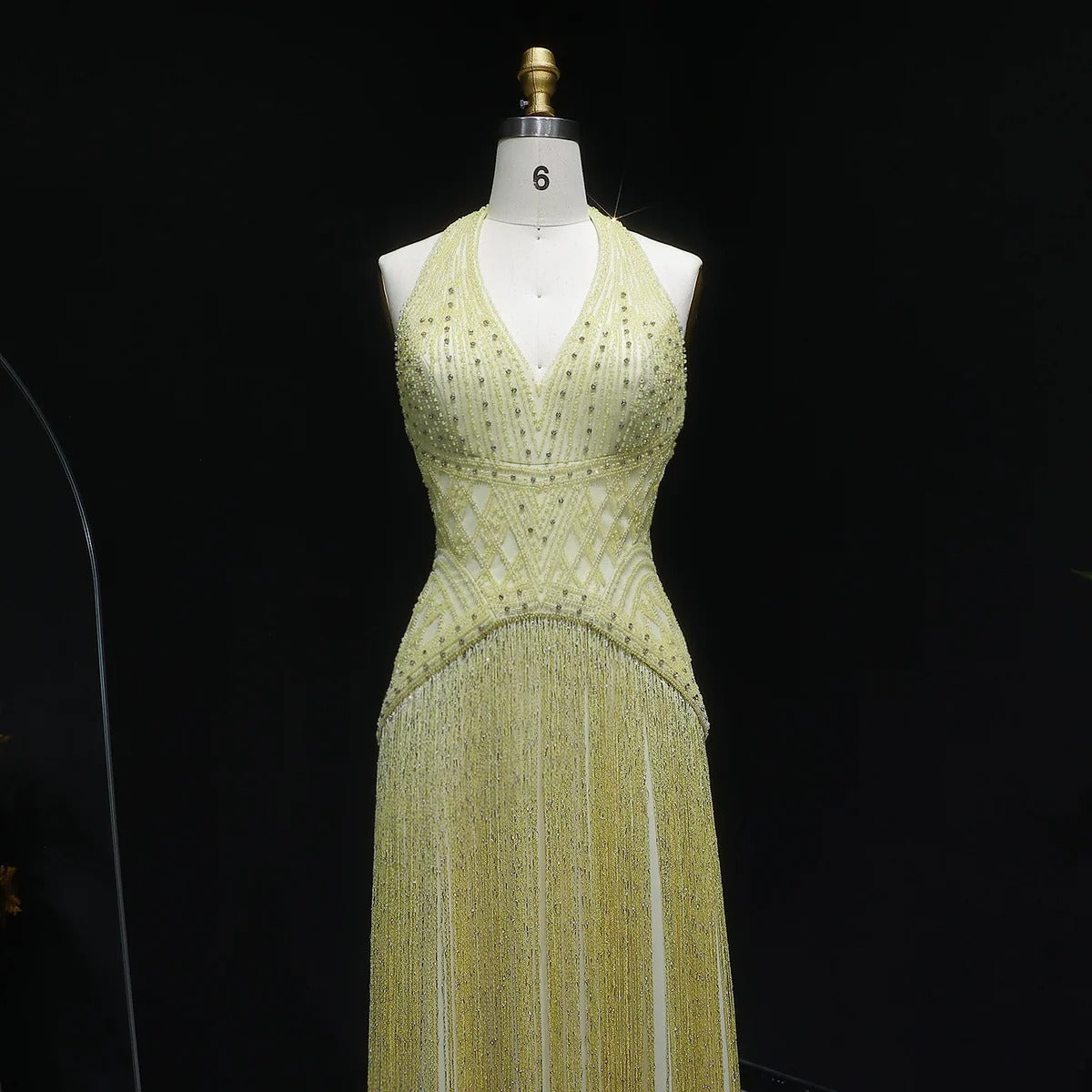 Gala Exquisite Yellow Beaded Halter Neck Deep V Evening Dress