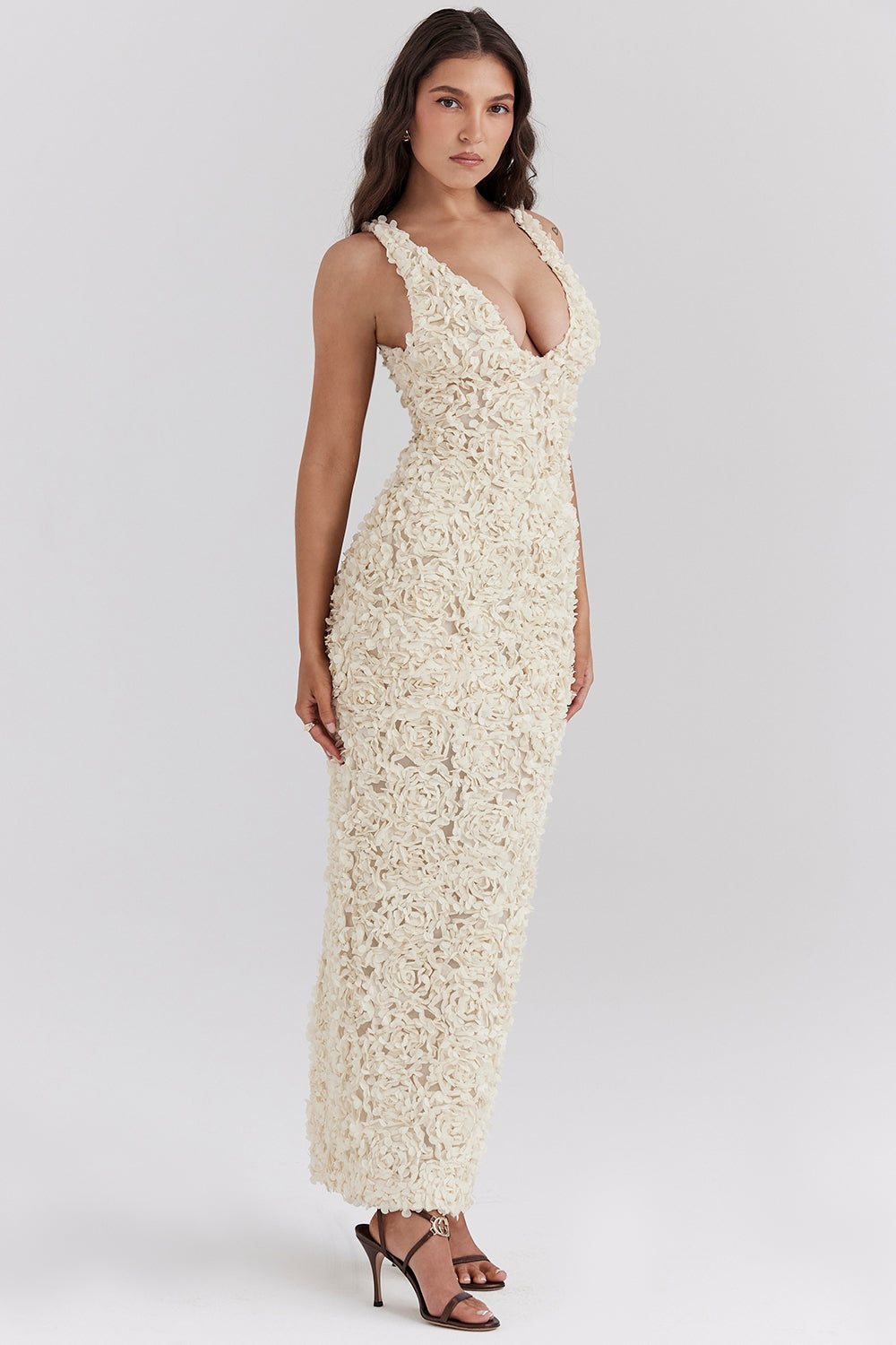 Carena creme plunge floral appliqué maxi dress