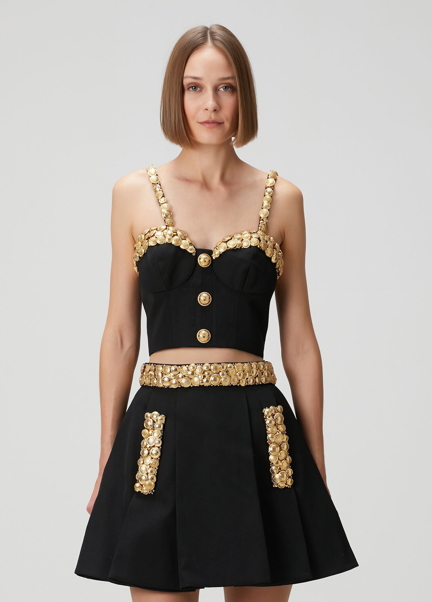 Balmain Siyah Gold Crop Yün Bluz
