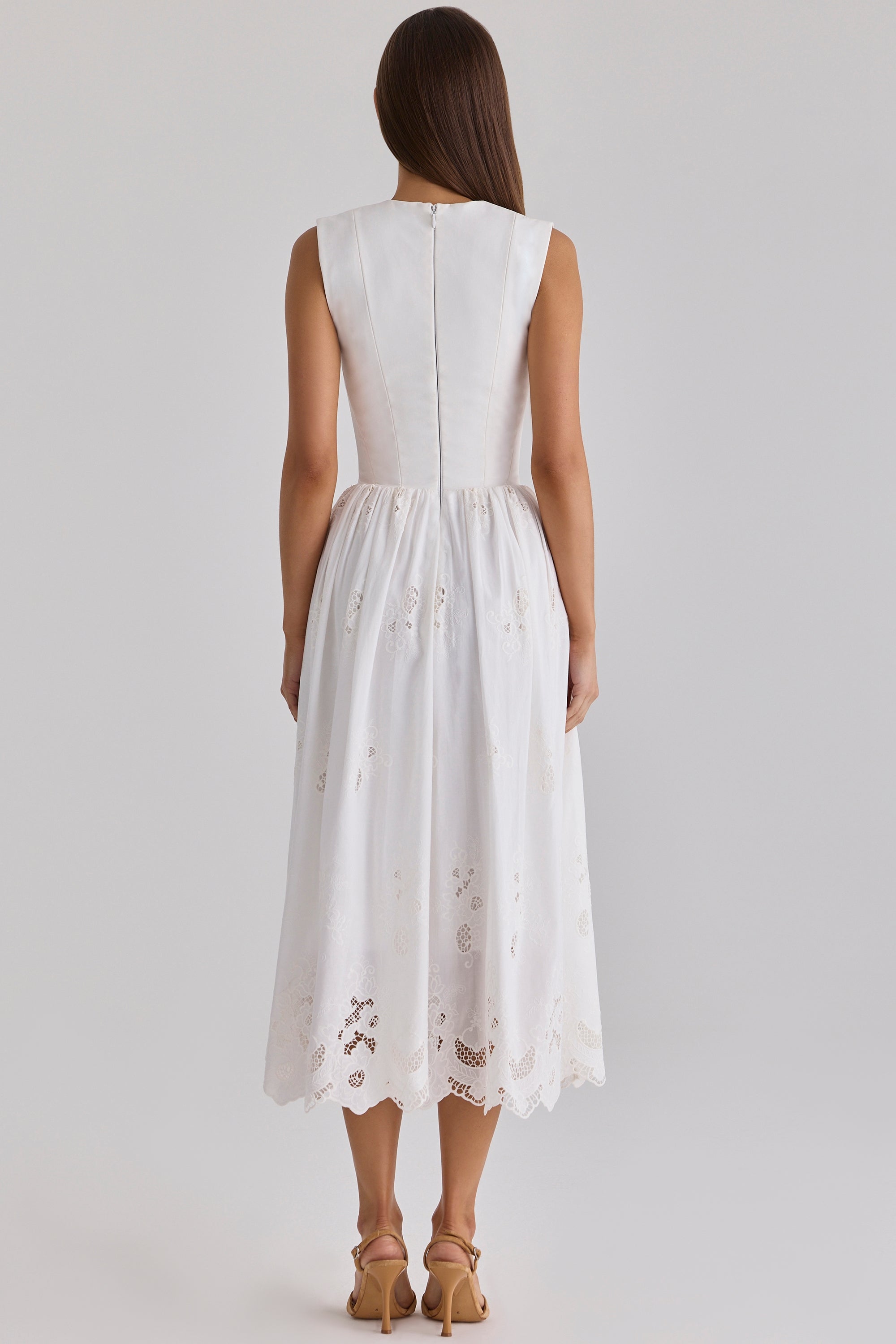 Safira White Floral Broderie Anglaise Cotton Midi Dress