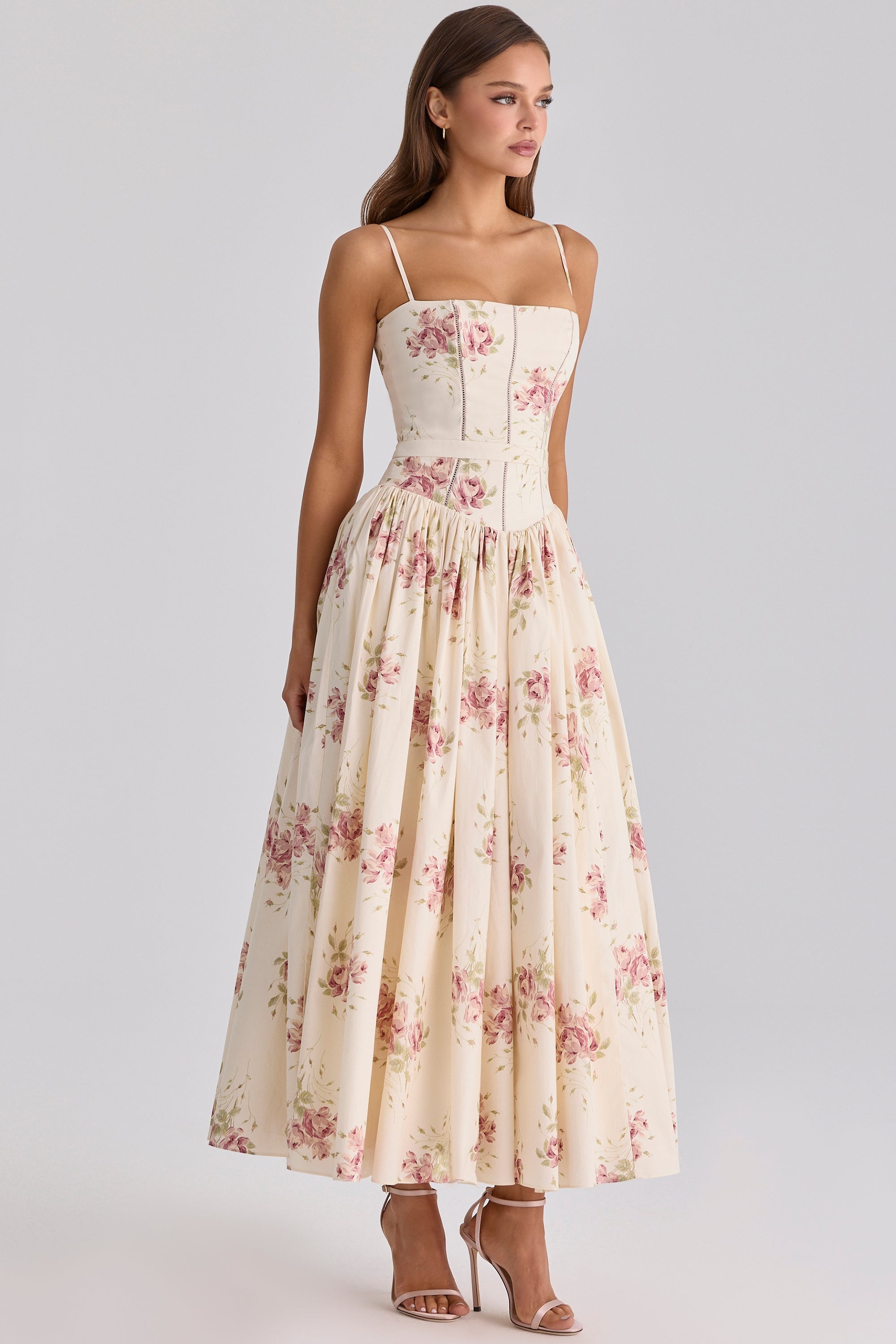 Ysabella ivory vintage rose print cotton midi sundress