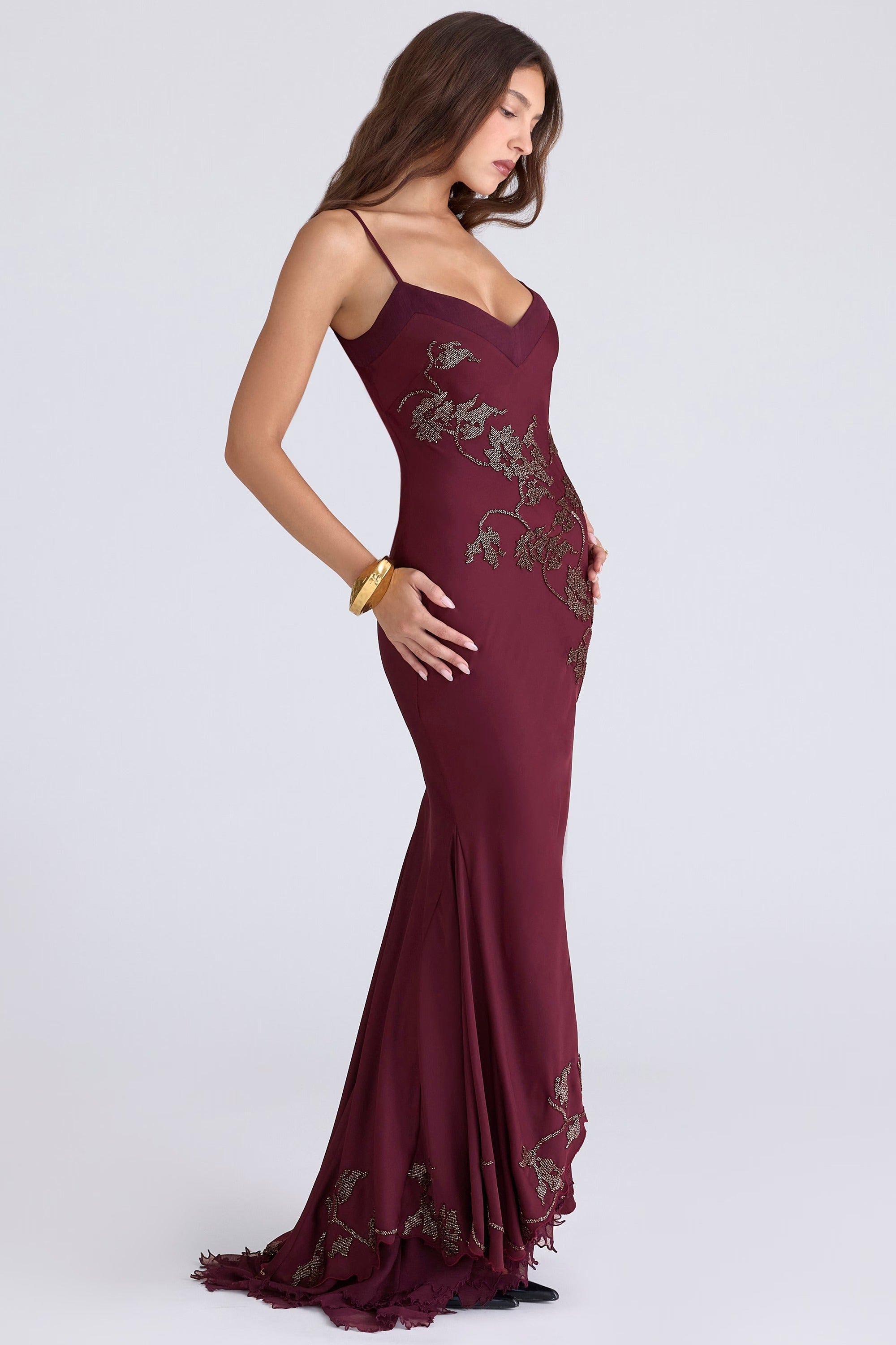 plum hand beaded embellished satin maxi gown