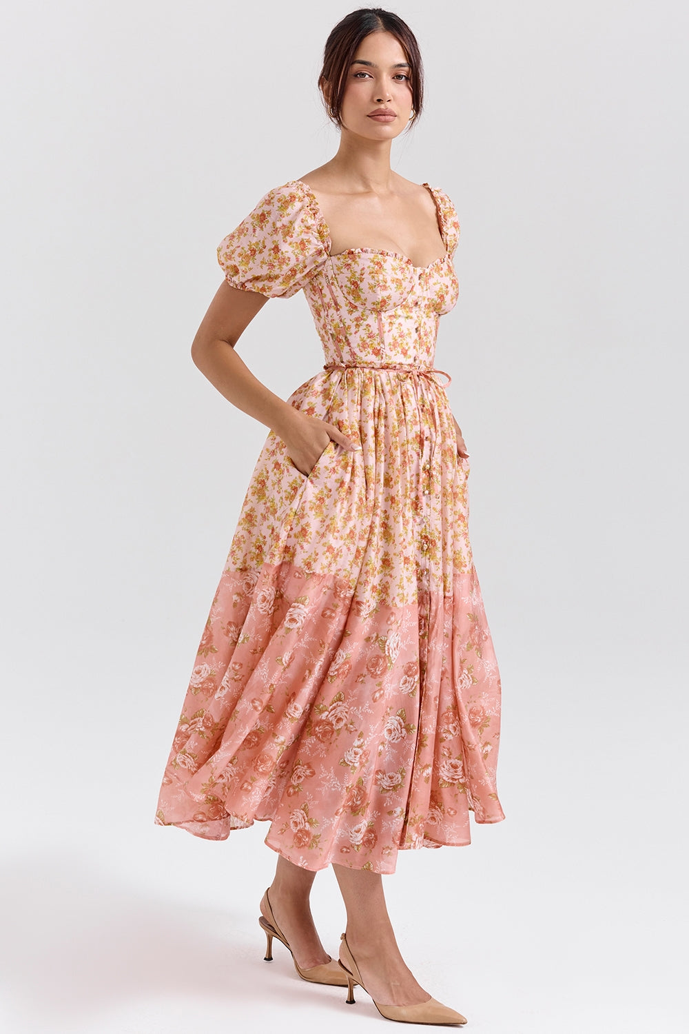 Penelope peach poppy print puff sleeve midi sundress