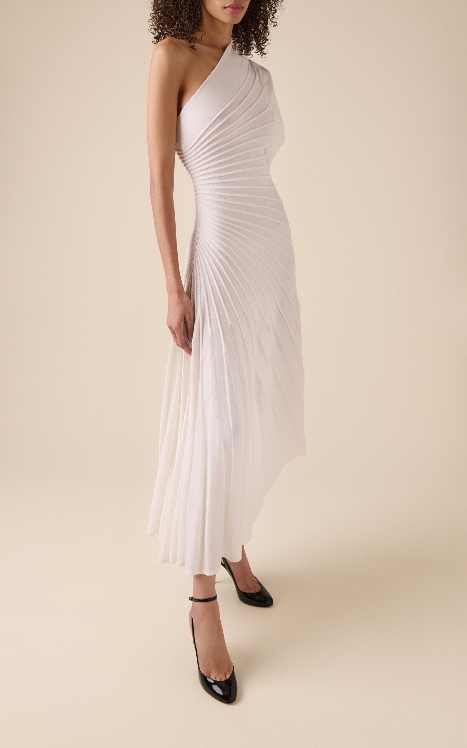 One-Shoulder Ray-Knit Wool Midi Dress