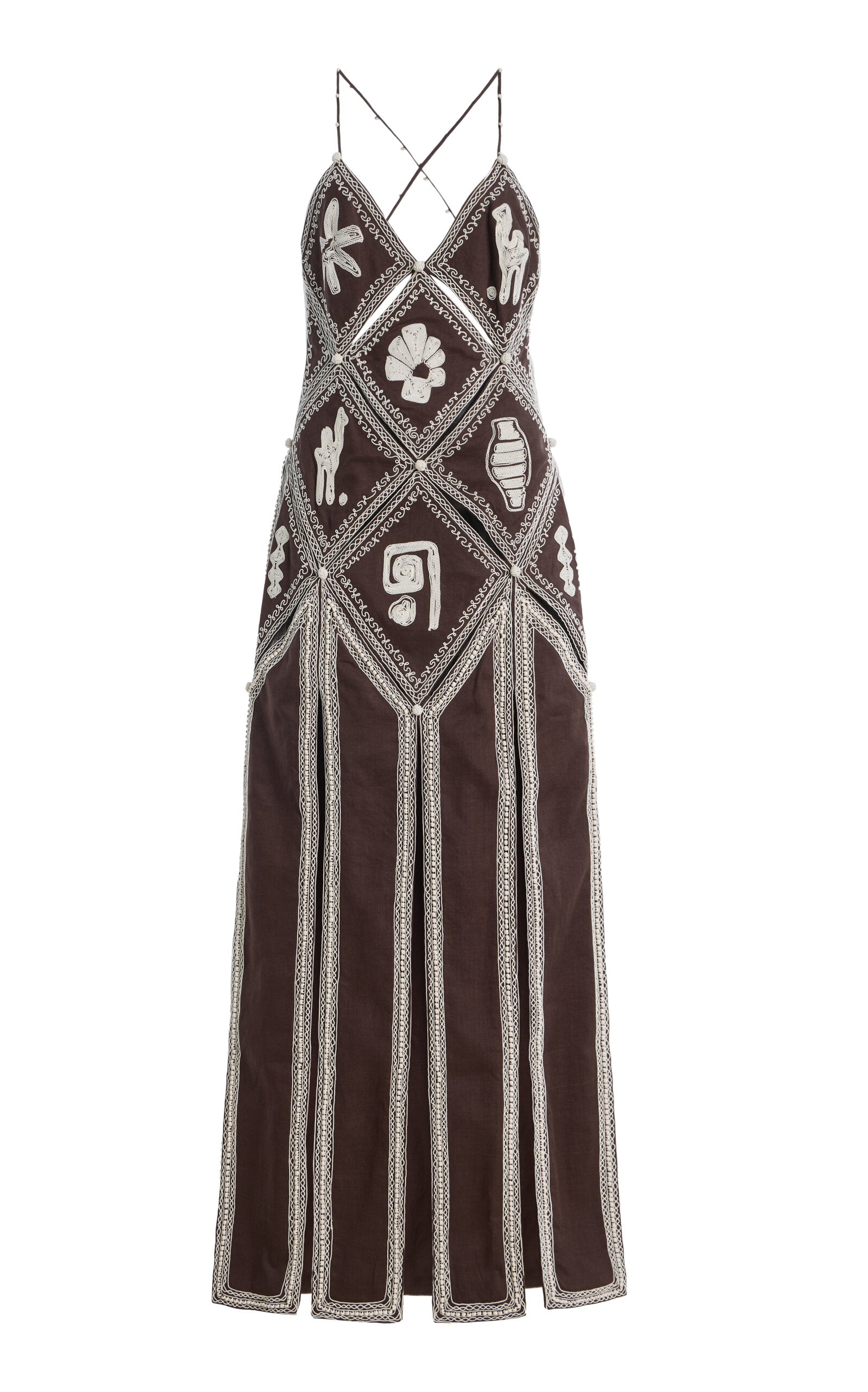 Leandra Embroidered Linen-Silk Midi Dress
