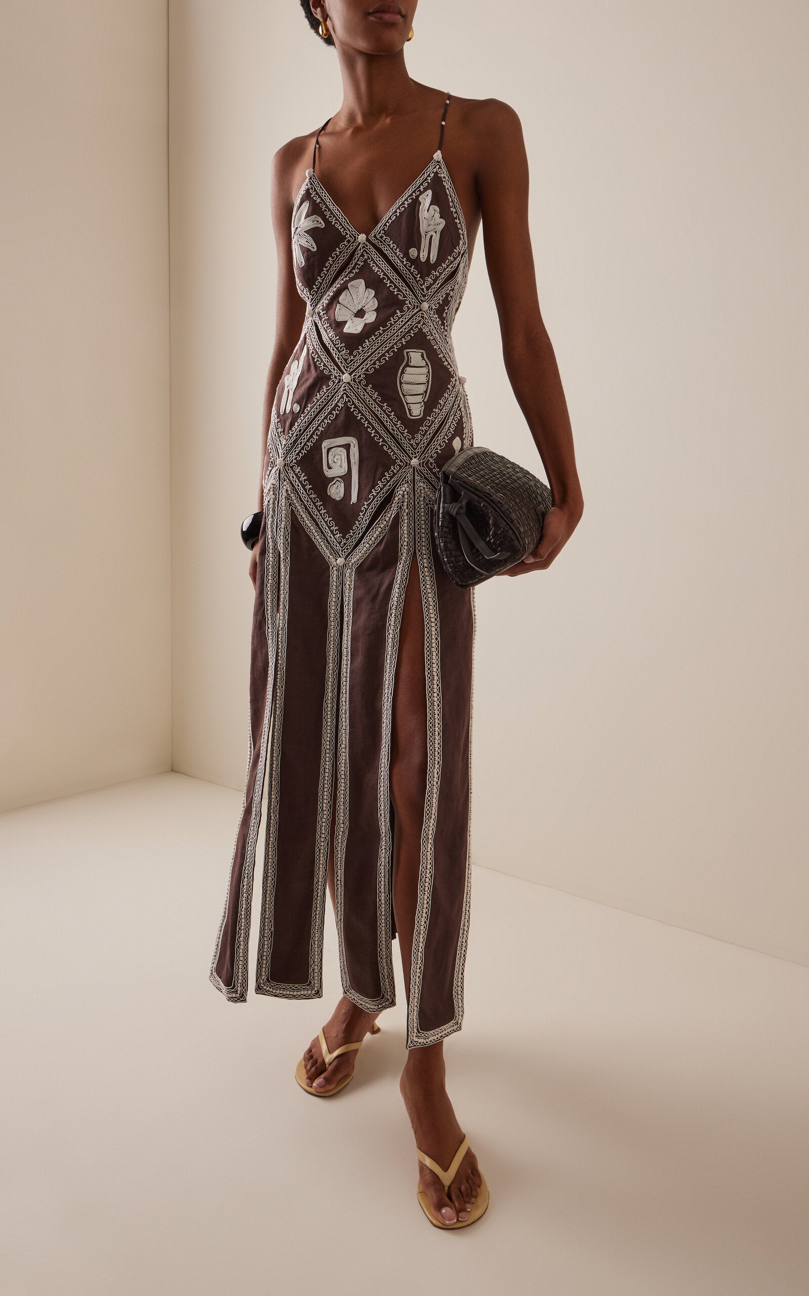 Leandra Embroidered Linen-Silk Midi Dress
