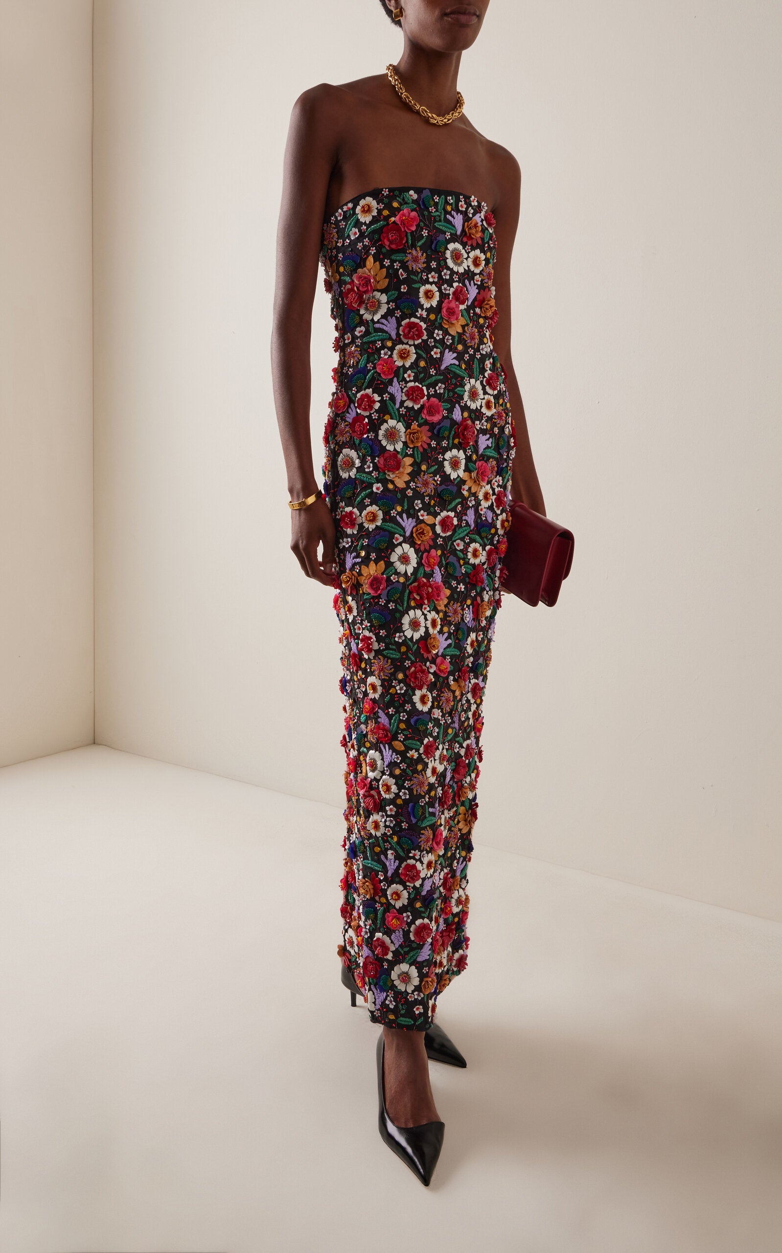 Embellished Crepe Silk Organza Ankle-Length Dress