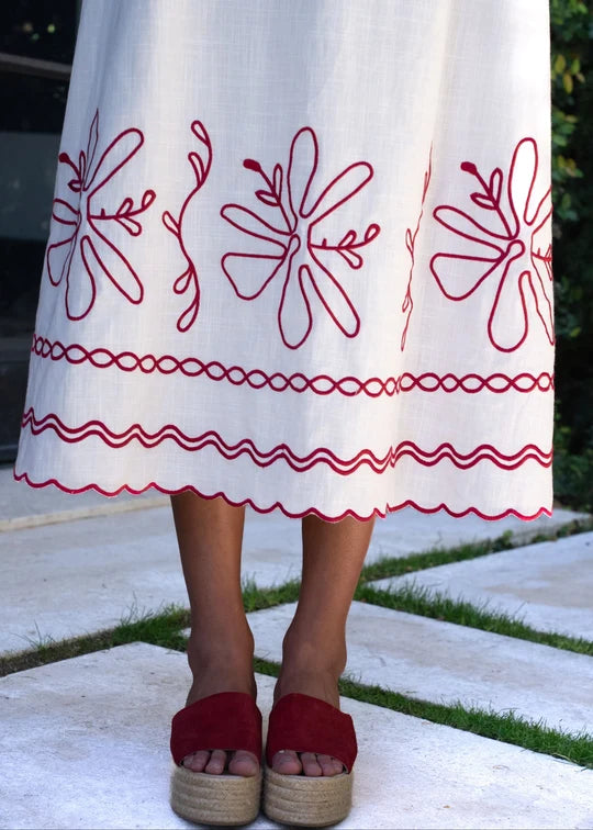 Carol Cream with Red Floral Embroidery Maxi Dress