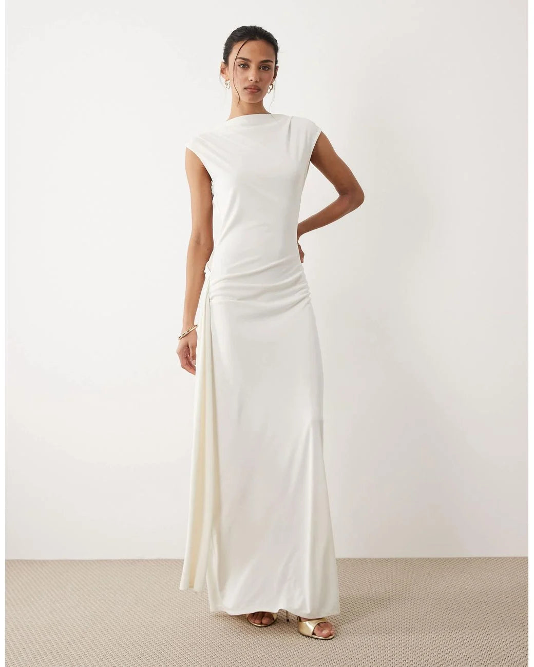 Women's White Sleeveless Cowl Back Maxi Dress With Lace Detail