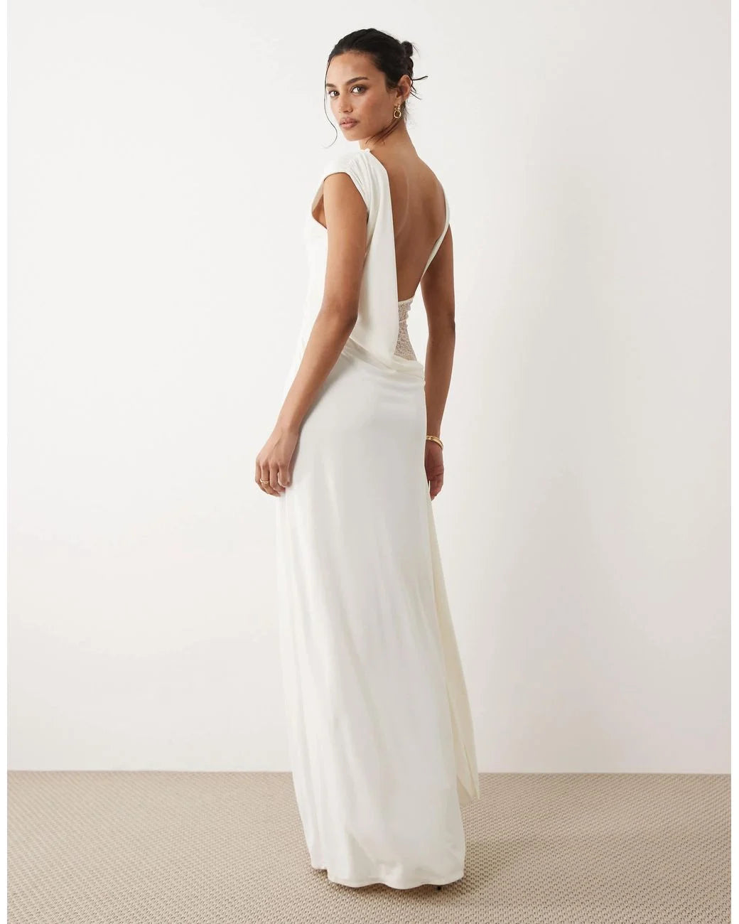 Women's White Sleeveless Cowl Back Maxi Dress With Lace Detail