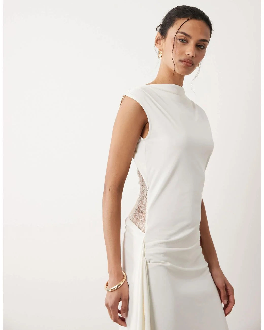 Women's White Sleeveless Cowl Back Maxi Dress With Lace Detail
