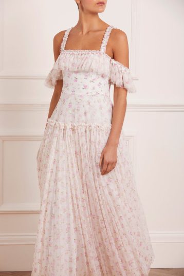 Needle & Thread Bijou Rose Off Shoulder Ankle Gown, White/Pink