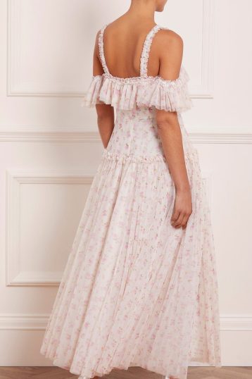 Needle & Thread Bijou Rose Off Shoulder Ankle Gown, White/Pink