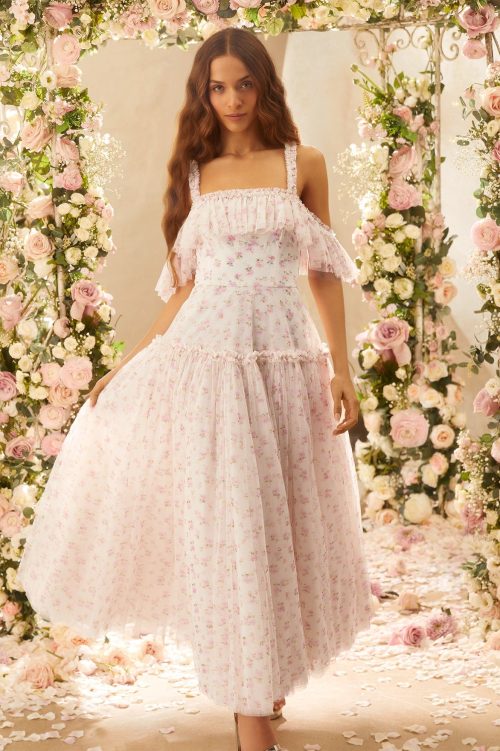 Needle & Thread Bijou Rose Off Shoulder Ankle Gown, White/Pink