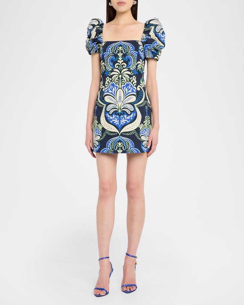 Kelly Blue Tile Print Puff-Sleeve Dress